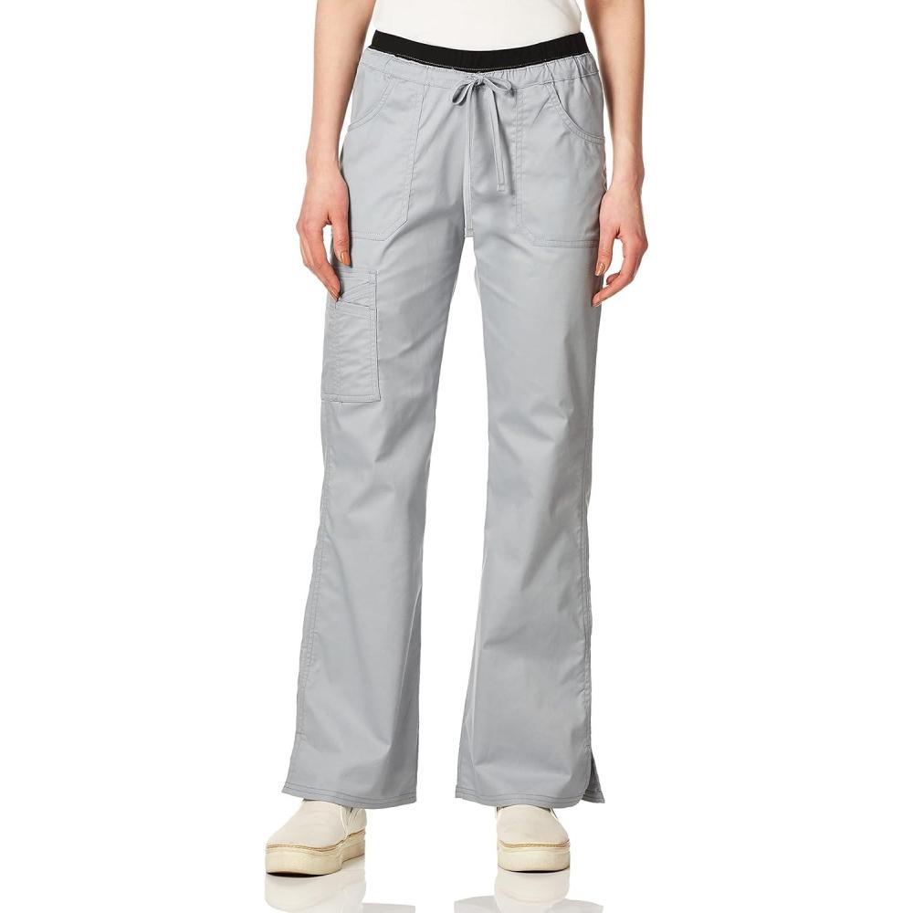 imageCherokee Women Scrubs Pants Low Rise Flare Leg Bottoms Adjustable Drawstring with 6 Pockets 24001Grey