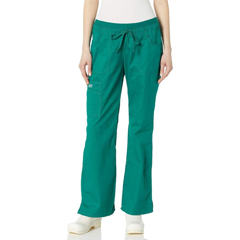 imageCherokee Women Scrubs Pants Low Rise Flare Leg Bottoms Adjustable Drawstring with 6 Pockets 24001Hunter