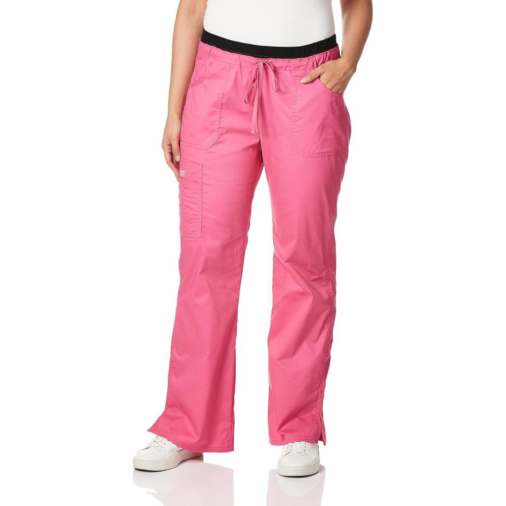 imageCherokee Women Scrubs Pants Low Rise Flare Leg Bottoms Adjustable Drawstring with 6 Pockets 24001Shocking Pink