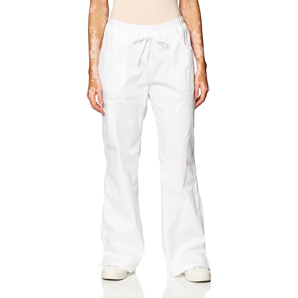imageCherokee Women Scrubs Pants Low Rise Flare Leg Bottoms Adjustable Drawstring with 6 Pockets 24001White