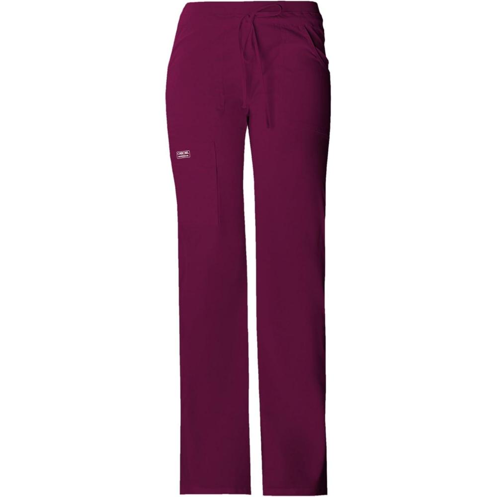imageCherokee Women Scrubs Pants Low Rise Flare Leg Bottoms Adjustable Drawstring with 6 Pockets 24001Wine
