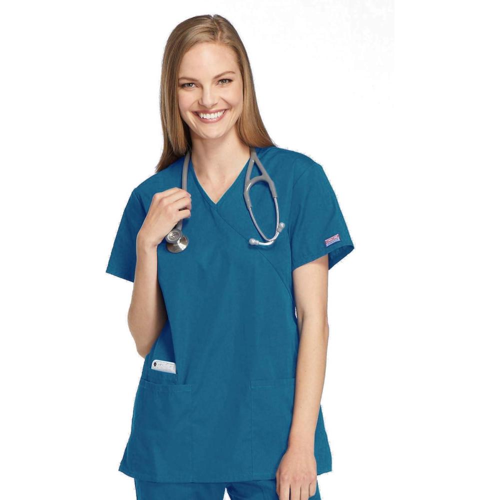 imageCherokee Women Scrubs Top Workwear Originals Mock Wrap Tunic 4801Caribbean Blue