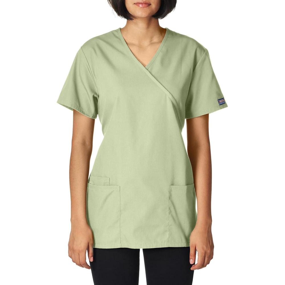 imageCherokee Women Scrubs Top Workwear Originals Mock Wrap Tunic 4801Sage Green