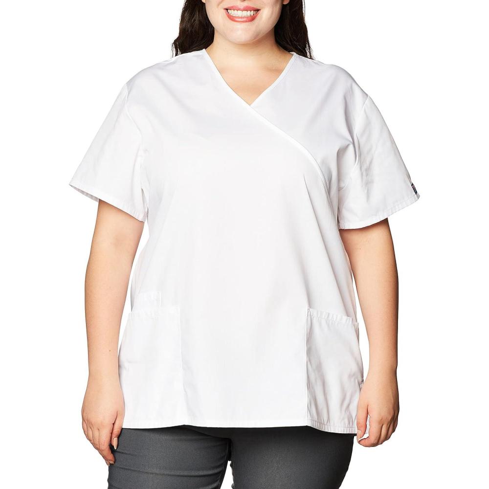 imageCherokee Women Scrubs Top Workwear Originals Mock Wrap Tunic 4801White