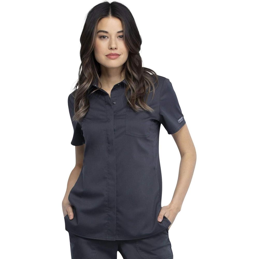 imageCherokee Women Scrubs Top Workwear Revolution Hidden Snap Front Collar WW669Pewter