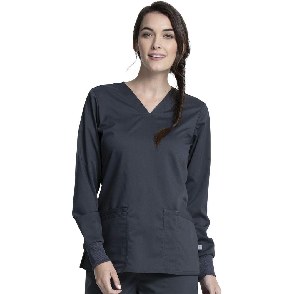 imageCherokee Women Scrubs Top Workwear Revolution Tech Long Sleeve VNeck WW855ABPewter