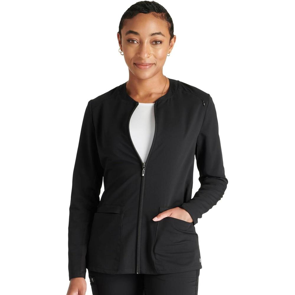 imageCherokee Women Zip Scrub Jacket with 2 Pockets and Shirttail Hem Knit Sleeve CK356ABlack