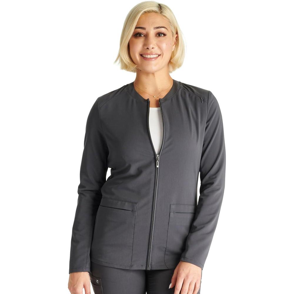 imageCherokee Women Zip Scrub Jacket with 2 Pockets and Shirttail Hem Knit Sleeve CK356APewter