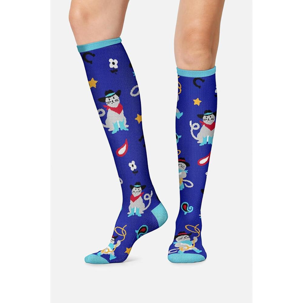 imageCherokee Womens 1015mmHg Compression Socks Fun Print Knee Highs with Light Support Soft Feel PRINTSUPPORTCowboy Cats