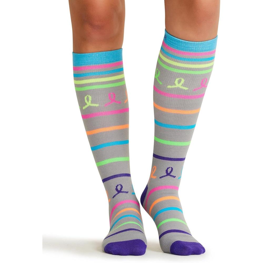 imageCherokee Womens 1015mmHg Compression Socks Fun Print Knee Highs with Light Support Soft Feel PRINTSUPPORTNeon Multi Ribbon