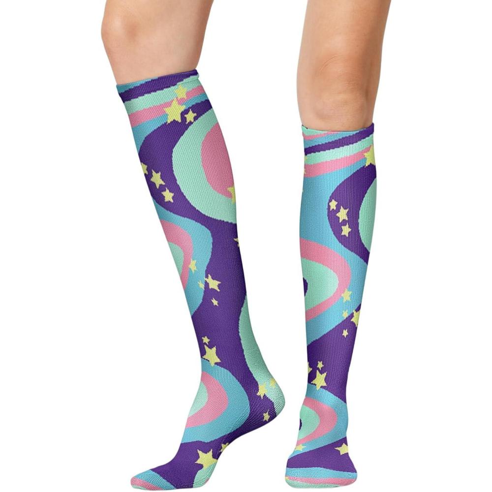 imageCherokee Womens 1015mmHg Compression Socks Fun Print Knee Highs with Light Support Soft Feel PRINTSUPPORTSwirly Stars