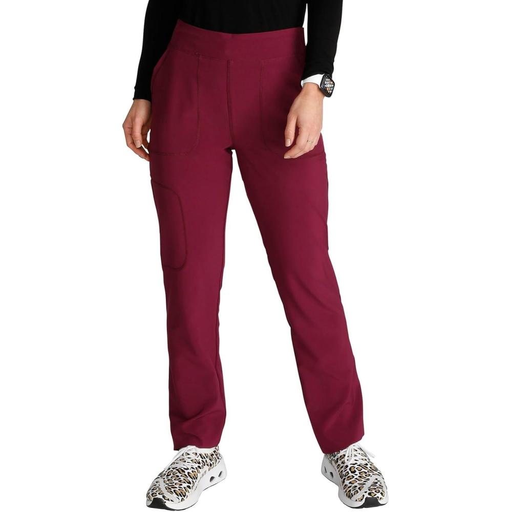 imageCherokee Womens Pullon Cargo Scrub Pant Mid Rise Tapered Leg with 4 Pockets CK248AWine