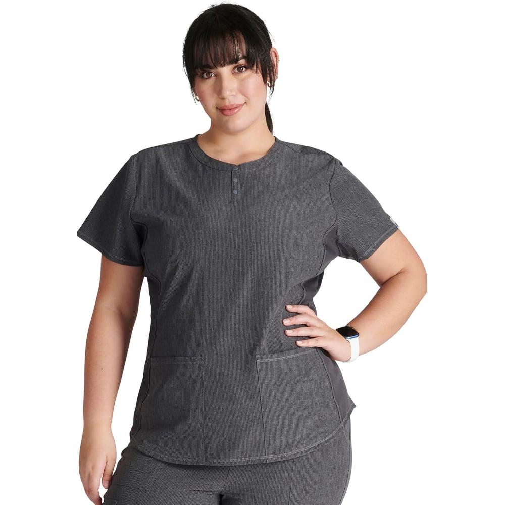 imageCherokee Womens Scrub Top Snap Front Henley with 2 Pockets and Center Back Length of 26 CK749AHeather Pewter
