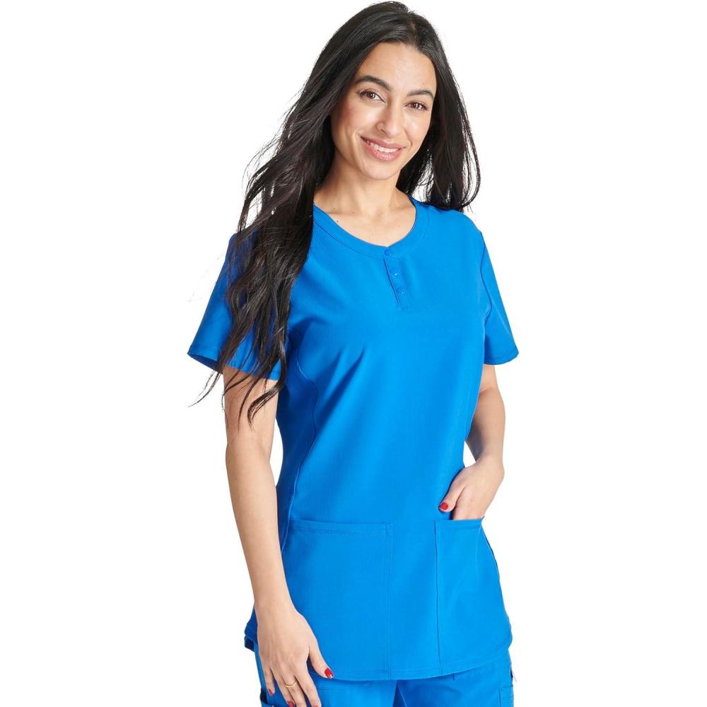 imageCherokee Womens Scrub Top Snap Front Henley with 2 Pockets and Center Back Length of 26 CK749ARoyal