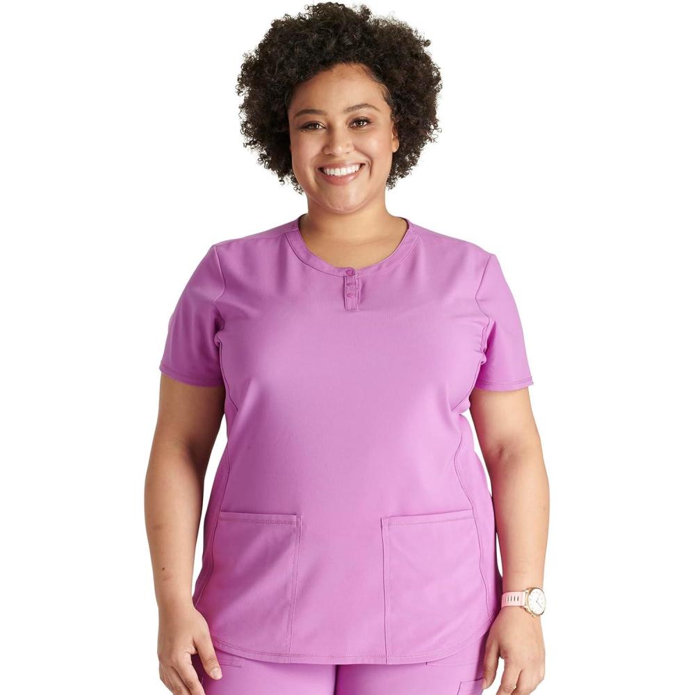 imageCherokee Womens Scrub Top Snap Front Henley with 2 Pockets and Center Back Length of 26 CK749AVibran Violet