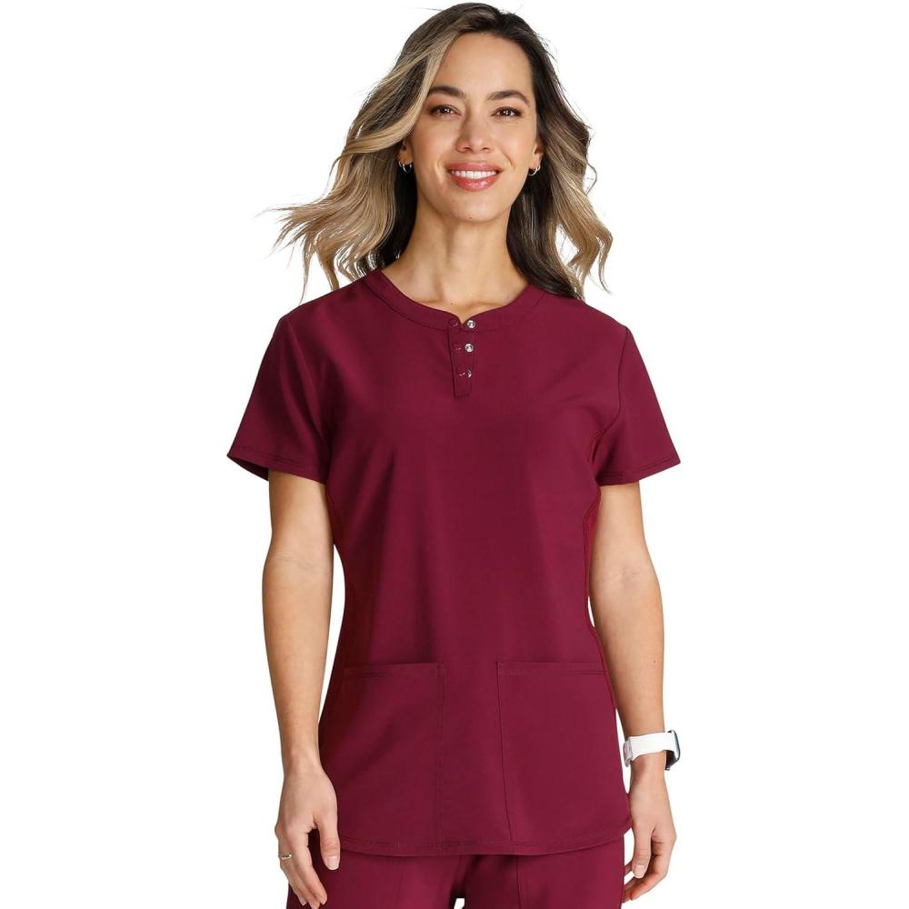 imageCherokee Womens Scrub Top Snap Front Henley with 2 Pockets and Center Back Length of 26 CK749AWine