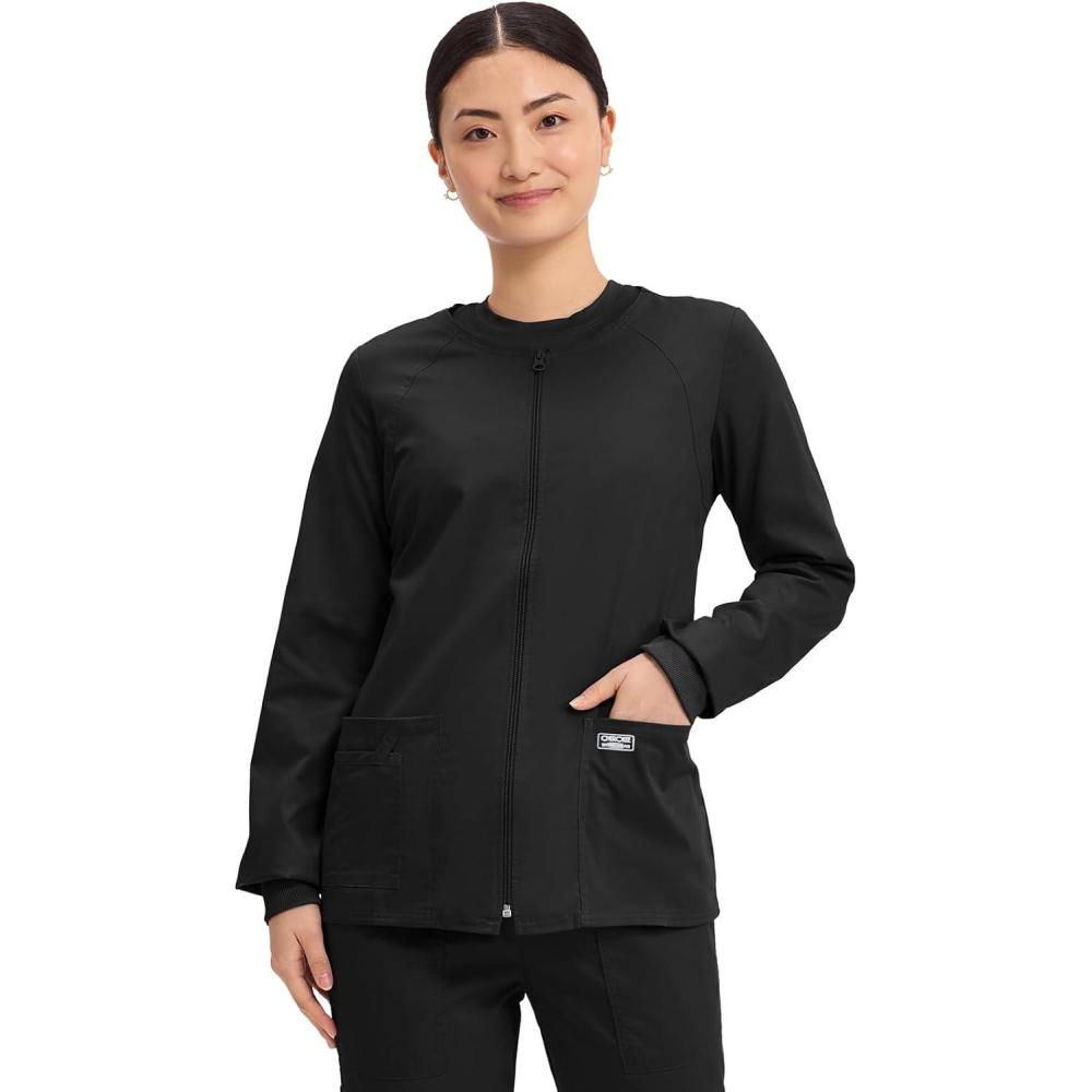 imageCherokee Zip Front Scrub Jackets for Women 3 Pockets 2Way Stretch Soft BreathableBrushed Twill 4315Black
