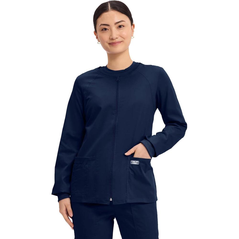 imageCherokee Zip Front Scrub Jackets for Women 3 Pockets 2Way Stretch Soft BreathableBrushed Twill 4315Navy