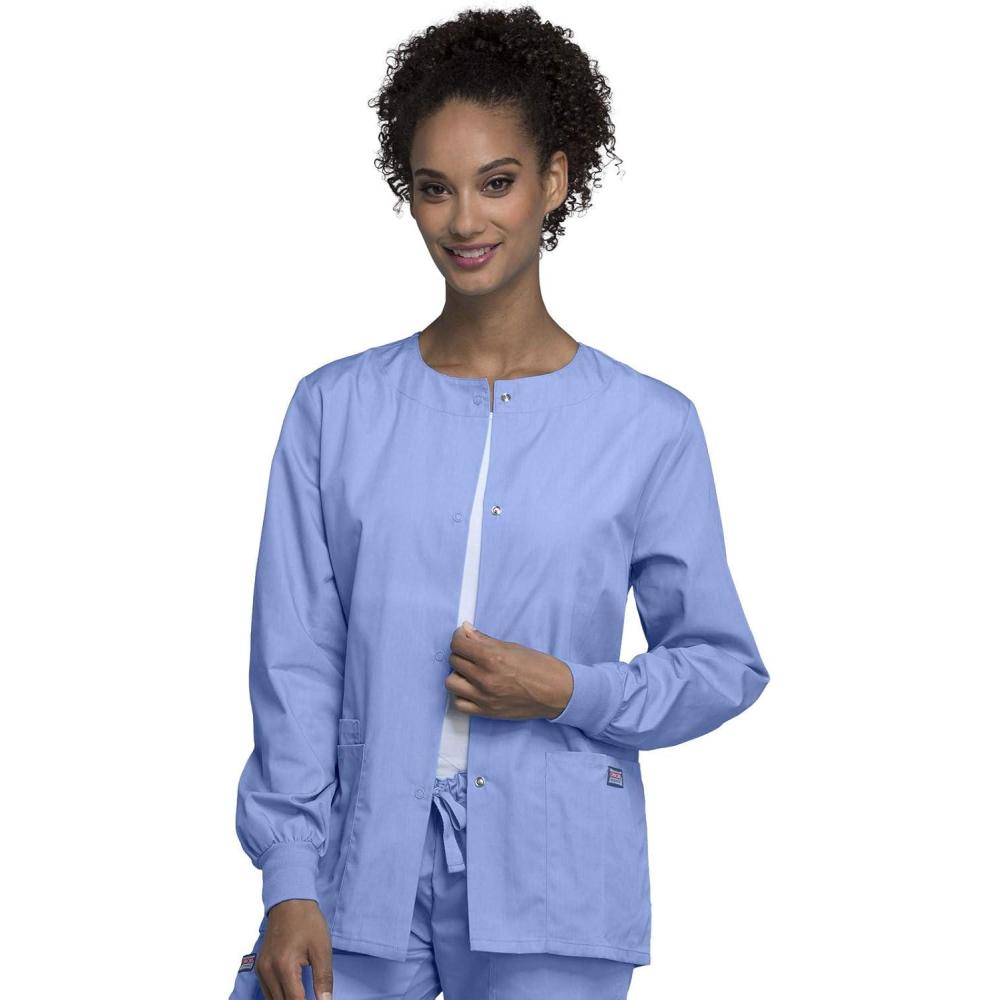 imageCherokee scrubs jacket for women Snap Front WarmUp Jacket with 3 Pockets and Easy Care 4350Ciel