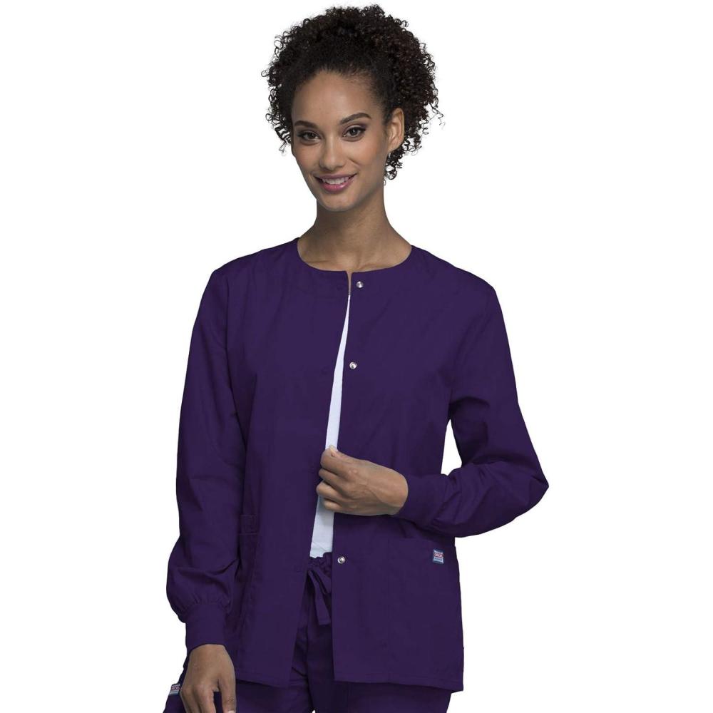 imageCherokee scrubs jacket for women Snap Front WarmUp Jacket with 3 Pockets and Easy Care 4350Eggplant