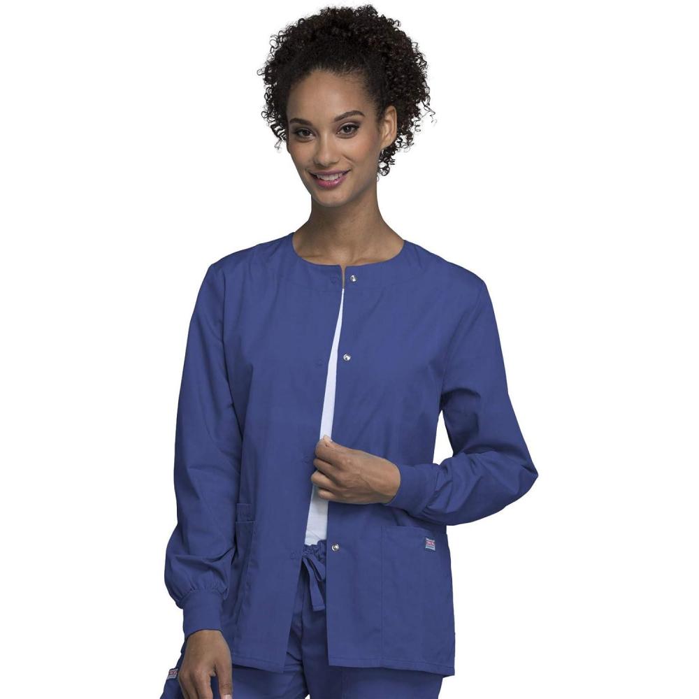 imageCherokee scrubs jacket for women Snap Front WarmUp Jacket with 3 Pockets and Easy Care 4350Galaxy Blue