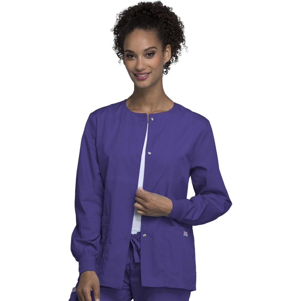 imageCherokee scrubs jacket for women Snap Front WarmUp Jacket with 3 Pockets and Easy Care 4350Grape