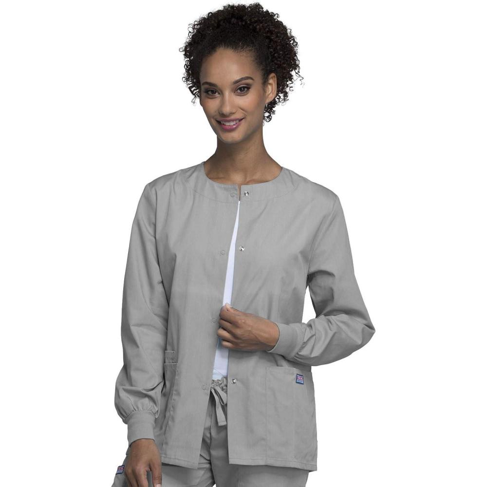 imageCherokee scrubs jacket for women Snap Front WarmUp Jacket with 3 Pockets and Easy Care 4350Gray