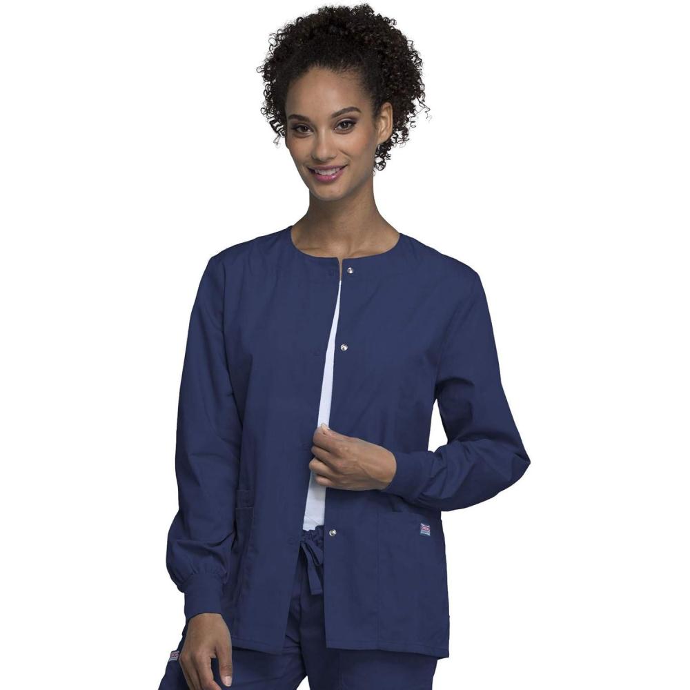imageCherokee scrubs jacket for women Snap Front WarmUp Jacket with 3 Pockets and Easy Care 4350Navy