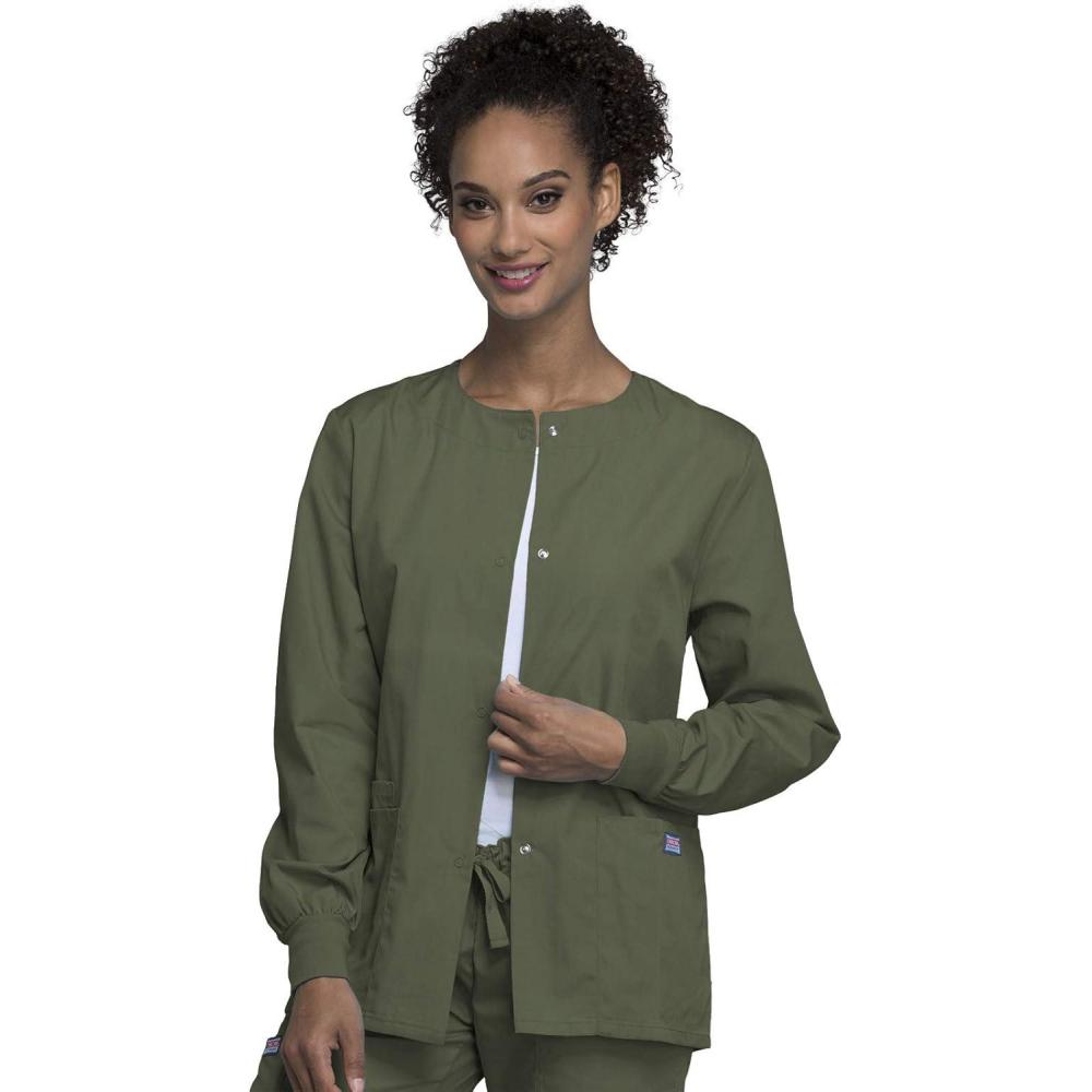 imageCherokee scrubs jacket for women Snap Front WarmUp Jacket with 3 Pockets and Easy Care 4350Olive