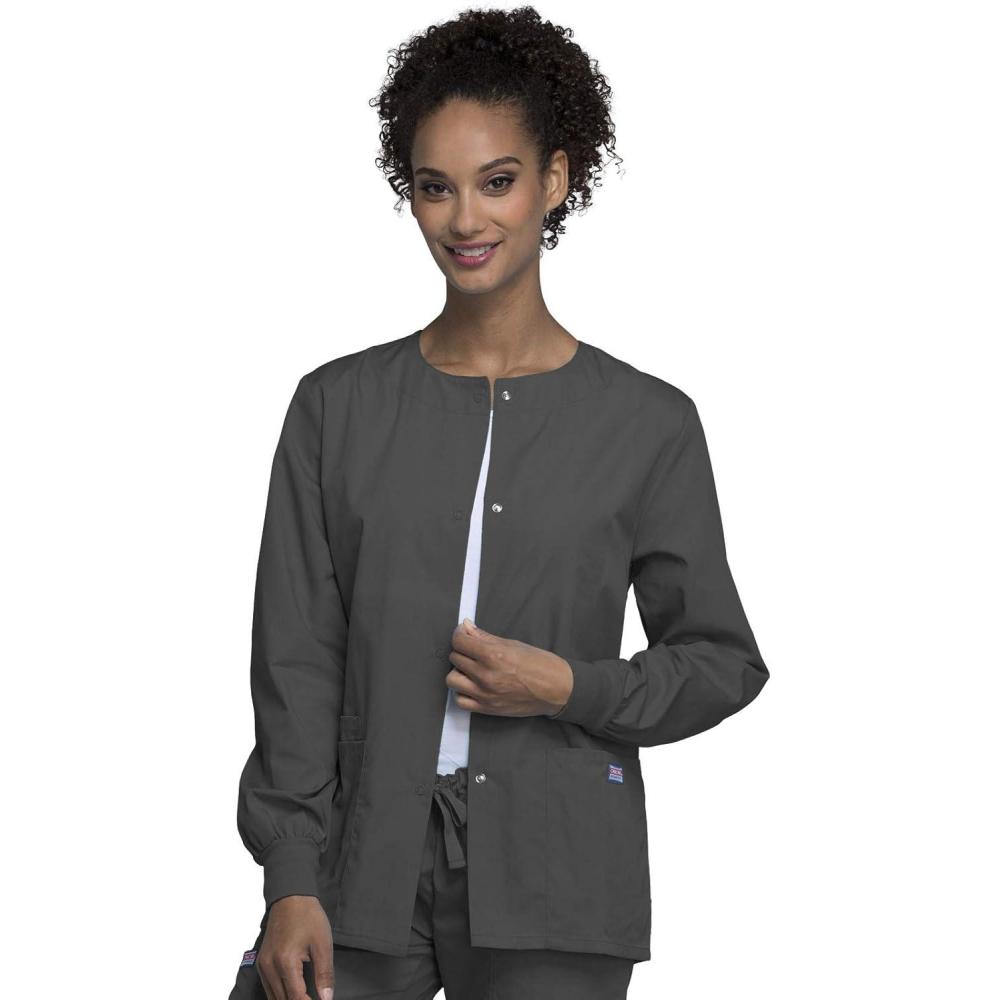 imageCherokee scrubs jacket for women Snap Front WarmUp Jacket with 3 Pockets and Easy Care 4350Pewter