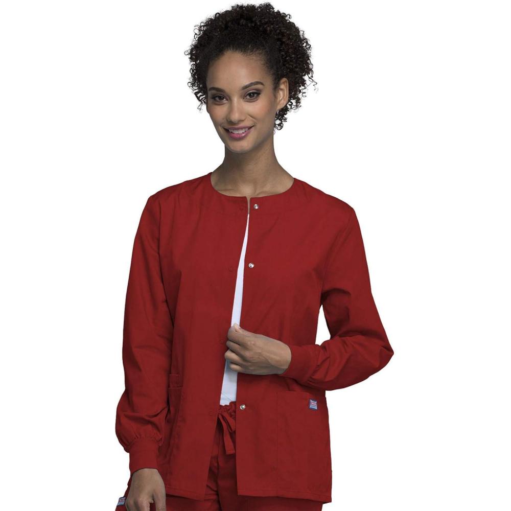 imageCherokee scrubs jacket for women Snap Front WarmUp Jacket with 3 Pockets and Easy Care 4350Red