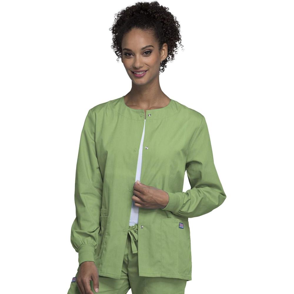 imageCherokee scrubs jacket for women Snap Front WarmUp Jacket with 3 Pockets and Easy Care 4350Sage Green