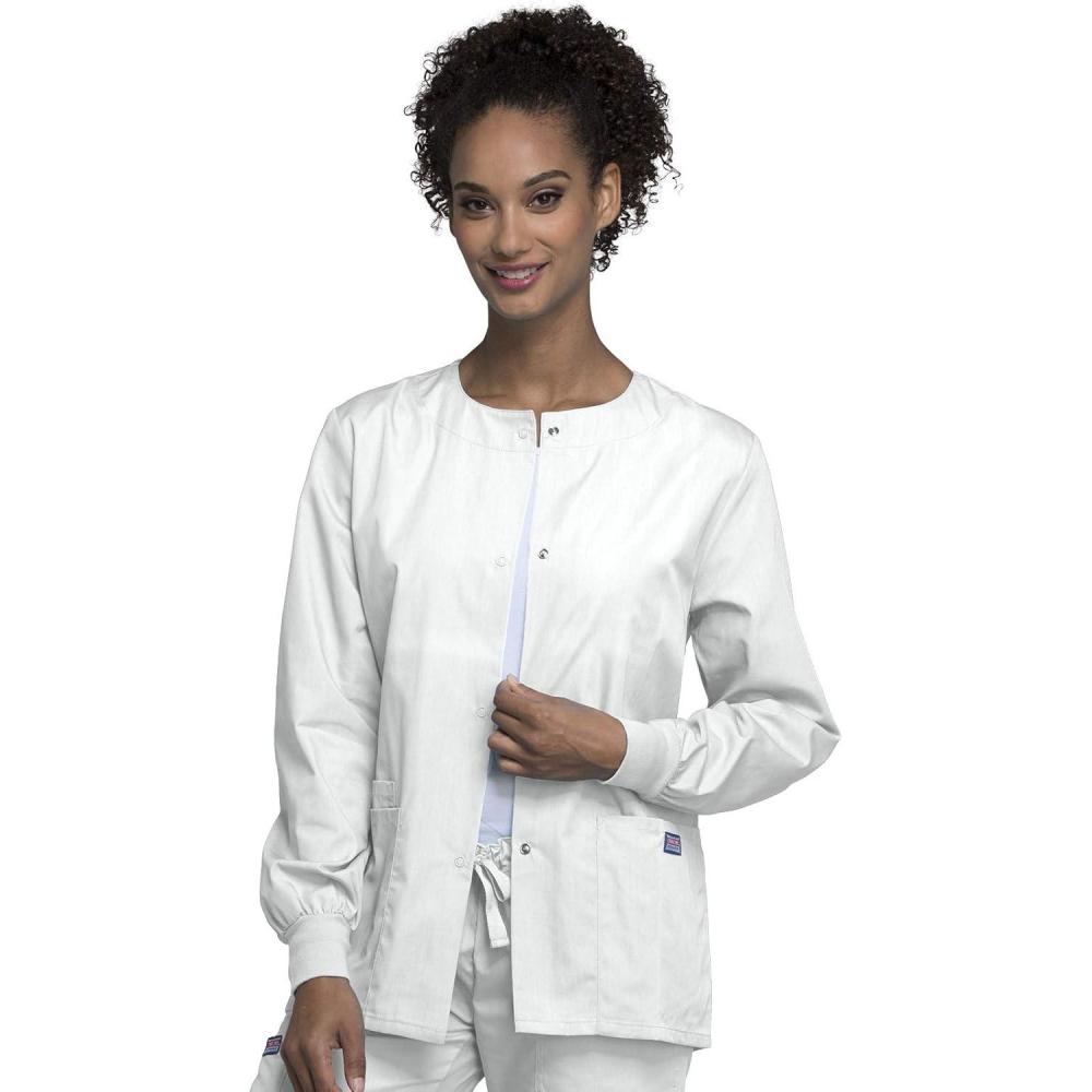 imageCherokee scrubs jacket for women Snap Front WarmUp Jacket with 3 Pockets and Easy Care 4350White