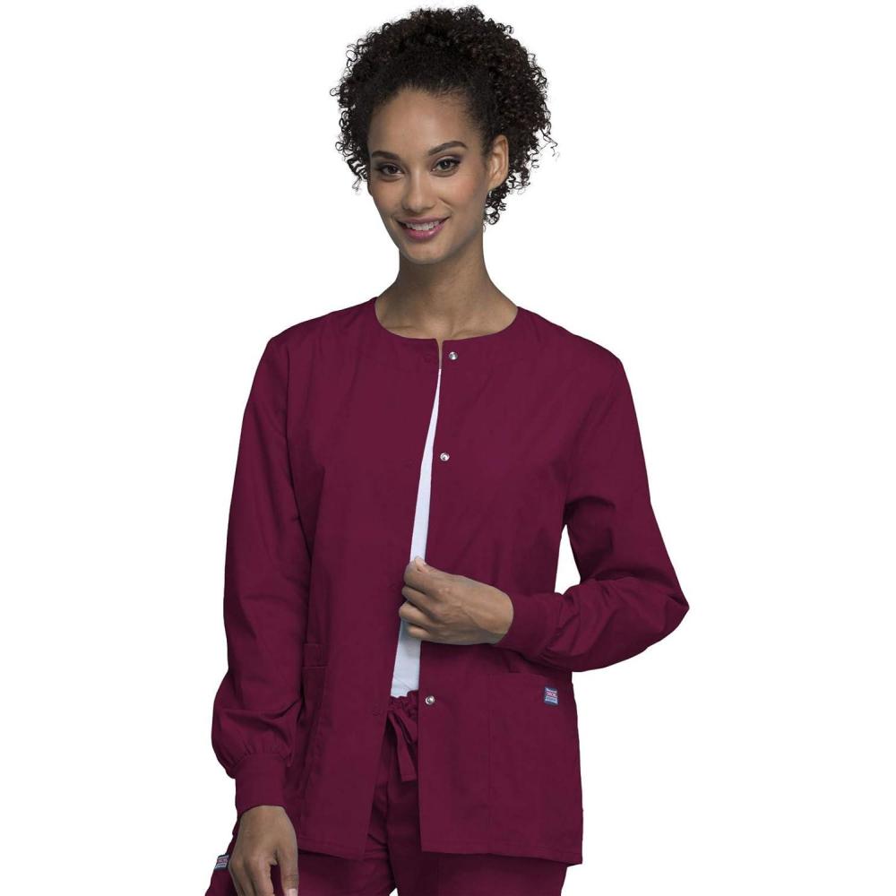 imageCherokee scrubs jacket for women Snap Front WarmUp Jacket with 3 Pockets and Easy Care 4350Wine