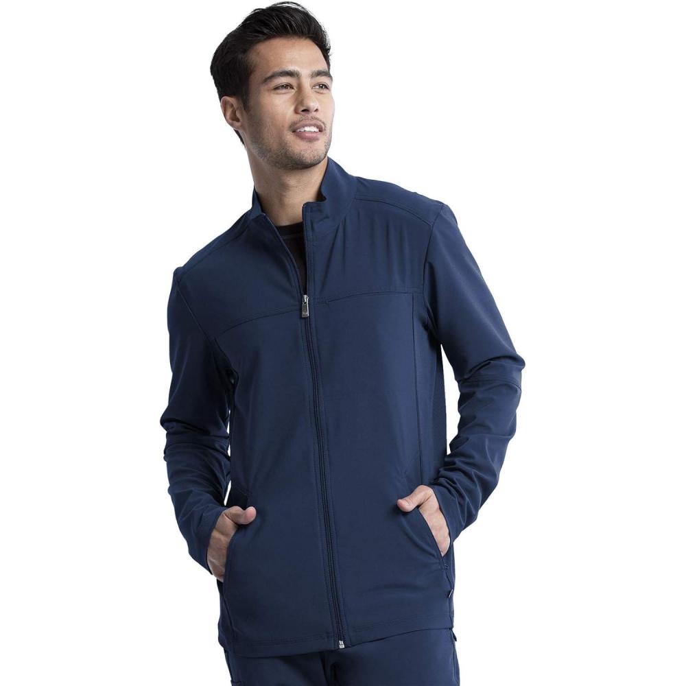 imageInfinity Mens Zip Front Jacket Modern Fit RibKnit Panels with 3 Pockets and Knit Sleeve Panel CK332ANavy