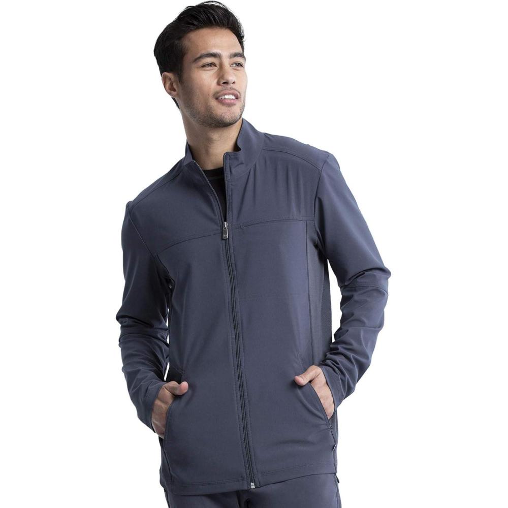 imageInfinity Mens Zip Front Jacket Modern Fit RibKnit Panels with 3 Pockets and Knit Sleeve Panel CK332APewter