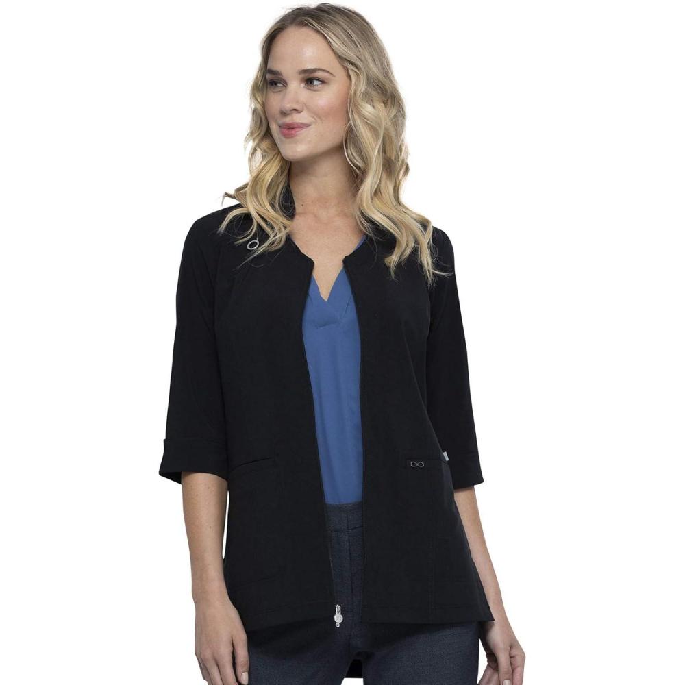 imageInfinity Womens Zip Front Tunic Scrub Top Mandarin Collar VNeck with 3 Pockets 360 Stretch amp MoistureWicking CK952ABlack
