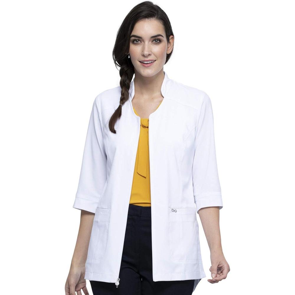 imageInfinity Womens Zip Front Tunic Scrub Top Mandarin Collar VNeck with 3 Pockets 360 Stretch amp MoistureWicking CK952AWhite