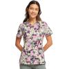 Cherokee Infinity Womens V-Neck Print Scrub Top with 2 Pockets, Rib-Knit Insert Logo O-Ring Detail & Shirttail Hem – CK634(Floral Camo-tion)