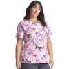 Cherokee Infinity Womens V-Neck Print Scrub Top with 2 Pockets, Rib-Knit Insert Logo O-Ring Detail & Shirttail Hem – CK634(Geo Flutter)