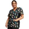Cherokee Scrub for Women V-Neck Top Traditional fit with Dolman Sleeve and Fade Resistant Fabric – 4700(Feline Fan-cactus)