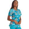 Cherokee Women Scrub Tops V-Neck Print Top with 2 Pockets, Back Yoke Seam and Side Vents – CK671(Slow Tide)