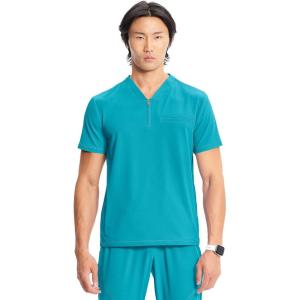 Cherokee Infinity Mens Partial Zip V-Neck Scrub Top, Rib-Knit Panels, 2 Zip Pockets, 1 Welt Pocket PROTX2 Fabric- IN702A(Aquaturque)