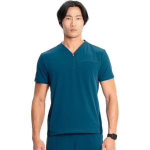 Cherokee Infinity Mens Partial Zip V-Neck Scrub Top, Rib-Knit Panels, 2 Zip Pockets, 1 Welt Pocket PROTX2 Fabric- IN702A(Caribbean Blue)