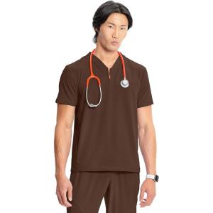 Cherokee Infinity Mens Partial Zip V-Neck Scrub Top, Rib-Knit Panels, 2 Zip Pockets, 1 Welt Pocket PROTX2 Fabric- IN702A(Espresso Express)
