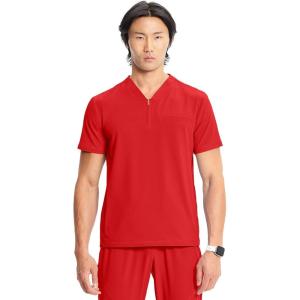 Cherokee Infinity Mens Partial Zip V-Neck Scrub Top, Rib-Knit Panels, 2 Zip Pockets, 1 Welt Pocket PROTX2 Fabric- IN702A(Fire Bird)