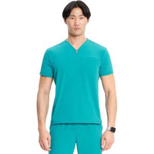 Cherokee Infinity Mens Partial Zip V-Neck Scrub Top, Rib-Knit Panels, 2 Zip Pockets, 1 Welt Pocket PROTX2 Fabric- IN702A(Teal Blue)