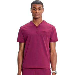 Cherokee Infinity Mens Partial Zip V-Neck Scrub Top, Rib-Knit Panels, 2 Zip Pockets, 1 Welt Pocket PROTX2 Fabric- IN702A(Wine)