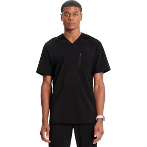 Cherokee Infinity Mens Tuckable V-Neck Scrub Top Modern Fit, 2 Pockets, Zip Chest Pocket, Rib-Knit, 360° Stretch – CK910A(Black)