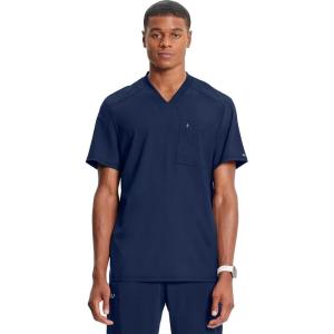 Cherokee Infinity Mens Tuckable V-Neck Scrub Top Modern Fit, 2 Pockets, Zip Chest Pocket, Rib-Knit, 360° Stretch – CK910A(Navy)